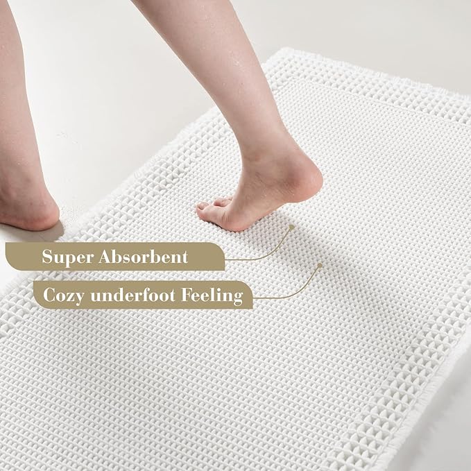 RESARE Waffle Bathroom Runner Rugs, Super Absorbent Bath Mat Non Slip Washable Quick Dry, Ultra Soft Quick Dry Boho Bath Rugs with Tassels for Hallway Bedroom Laundry Room, 2'x4'(24"x48"), White