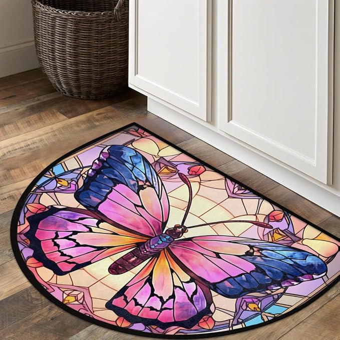 Pardick Half Round Doormat Window Butterfly Art Semi Circle Rug Non Slip Indoor Outdoor Entrance Half Moon Rug Washable Front Floor Mat for Kitchen Bathroom Patio Fireplace Holiday Decor
