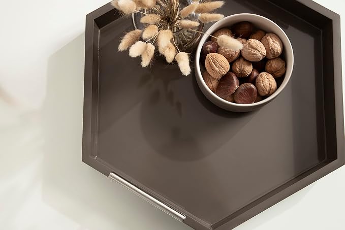Kate and Laurel Lipton Modern Hexagon Tray; 18 x 15.5; Brown and Silver; Decorative Geometric Serving Tray for Storage and Display