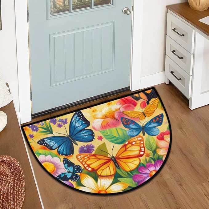 Butterfly Half Round Doormat Non-Slip Semi Circle Rug Half Moon Mat | Color Flowers Washable Soft Absorbent Indoor Outdoor Entrance Kitchen Bathroom Sink Patio Welcome Fireplace Floor Rug