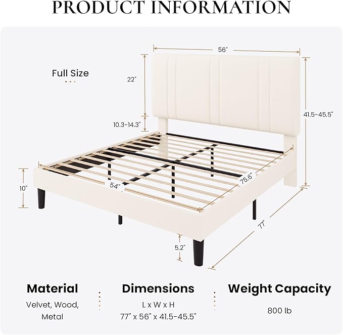 SHA CERLIN Full Size Velvet Bed Frame with Adjustable Headboard, Cream | Vertical Channel Tufted Design, Upholstered Platform Bed, Wood Slats Support/No Box Spring Needed/Easy Assembly