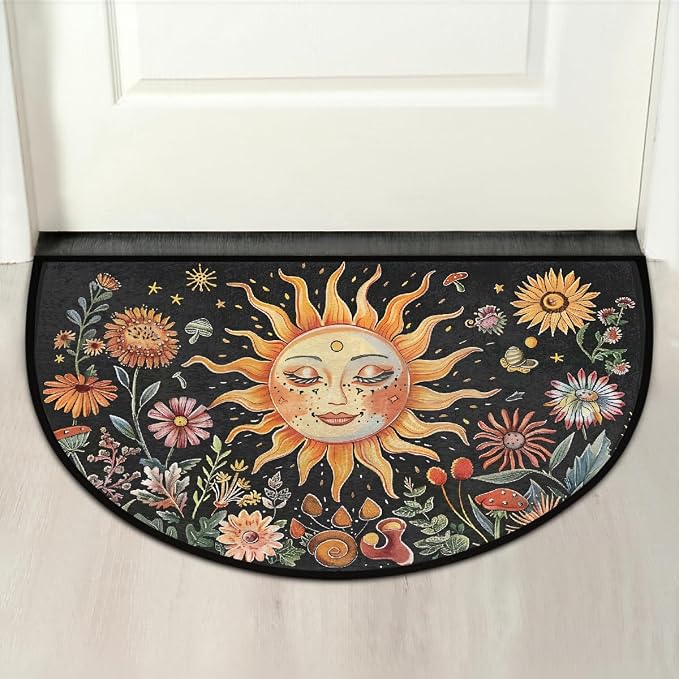 Sun Flowers Half Round Door Mat Non Slip Half Circle Rugs | Colorful Face Washable Half Moon Rug Semi Circle Rugs Indoor Entrance Floor Carpet for Kithen Bedroom Fireplace Decor