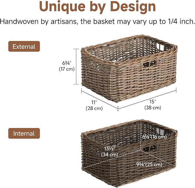 StorageWorks Pantry Baskets, Willow Storage Baskets for Organizing, Shelves, Pantry Organizers and Storage, Light Brown, 15" L x 11" W x 6 ¾"H