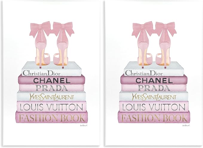 Stupell Industries Fashioner Shoes Bookstack Pink White Watercolor, Design by Artist Amanda Greenwood Wall Art, 10 x 15, Wood Plaque (Pack of 2)