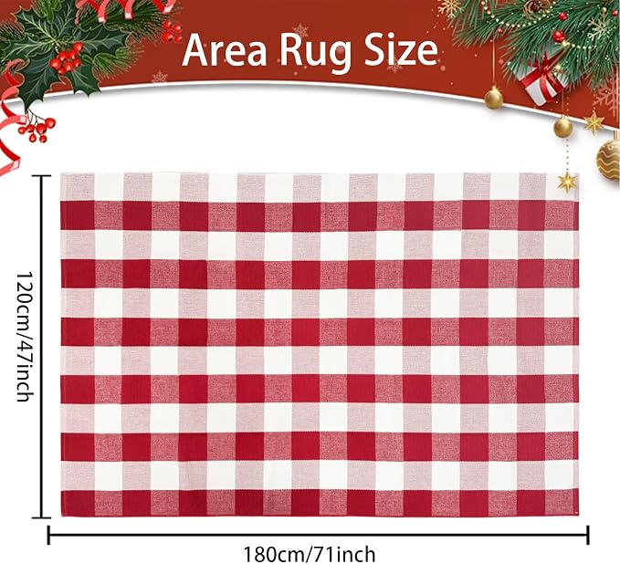 USTIDE Buffalo Plaid Outdoor Rug 4' x 6' Red and White Check Christmas Check Indoor Area Rug Washable Cotton Woven Rug Layering Rug for Welcome Door Mat Farmhouse Front Porch Entryway