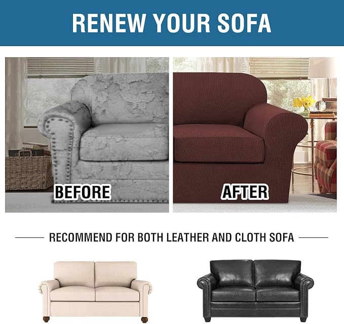H.VERSAILTEX 3 Piece Stretch Sofa Covers for 2 Cushion Loveseat Couch Covers for Living Room Sofa Slipcovers (Base Cover Plus 2 Seat Cushion Covers) Thicker Jacquard Fabric (Medium Sofa, Burnt Brick)