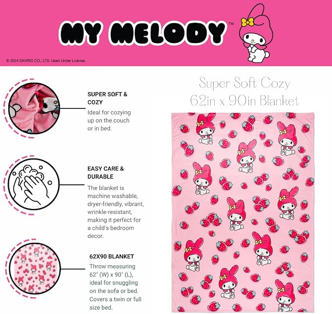 Collectibles My Melody Strawberry Bedding Super Soft Cozy Blanket, 62 in x 90 in, (Officially Licensed Product) by Franco