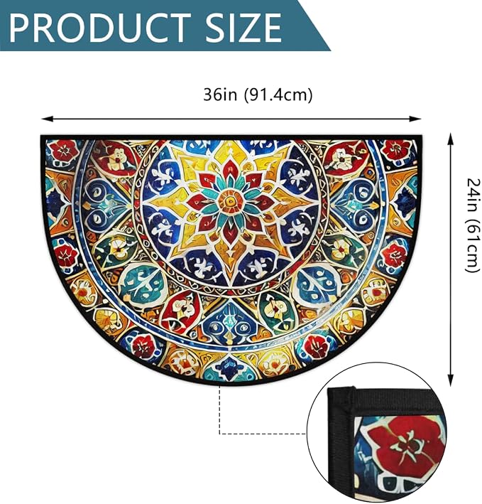 Art Mandala Half Round Door Mat Non Slip Half Circle Rugs | Ethnic Colorful Washable Half Moon Rug Semi Circle Rugs Indoor Entrance Floor Carpet for Kithen Bedroom Fireplace Decor
