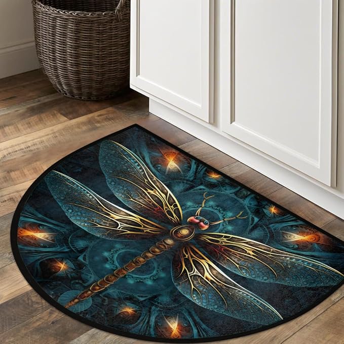 Pardick Half Round Doormat Dragonfly Animal Blue Semi Circle Rug Non Slip Indoor Outdoor Entrance Half Moon Rug Washable Front Floor Mat for Kitchen Bathroom Patio Fireplace Holiday Decor