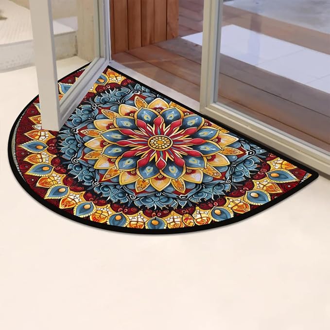 Mandala Red Half Round Door Mat Semi Moon Rug Fireplace Carpet Area Rugs | Mandala Red Non Slip Absorbent Half Circle Mat Carpet for Indoor Outdoor Patio Kitchen Bathroom Entryway Home Decor