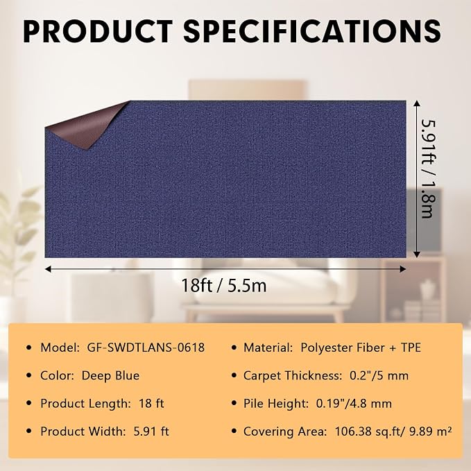 Grefinity Marine Carpet,6 FT x 18 FT Deep Blue Indoor Outdoor Carpet 0.2" Thick Boat Rug with Water-Proof TPE Backing for Home, Patio, Porch, Deck
