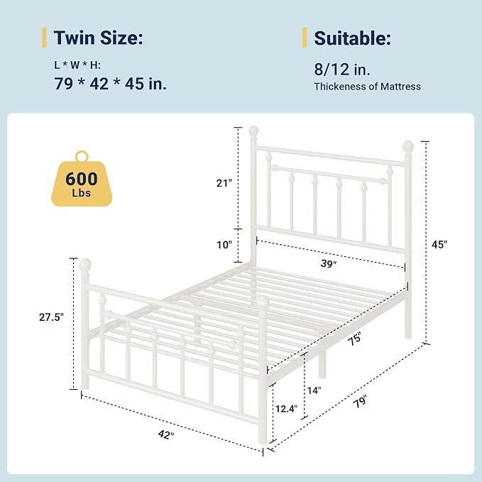 Allewie 14'' Twin Size Metal Platform Bed Frame, Vintage Headboard, White | 45'' Tall Victorian Headboard/Footboard/Mattress Foundation/Under Bed Storage/No Box Spring Needed/Easy Assembly/Noise Free