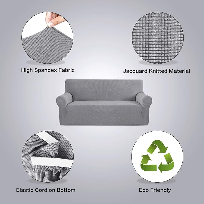 H.VERSAILTEX Stretch Slipcovers for Sofas 1 Piece Couch Cover for Dogs Washable 3 Cushion Couch Covers for Sofa Feature Thick Checked Jacquard Fabric with Elastic Bottom, Sofa Large - Dove