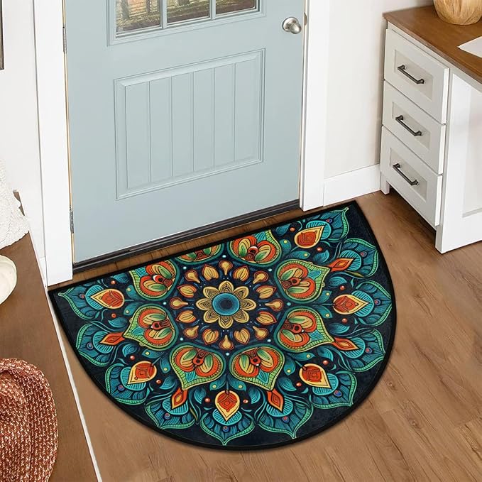 Flowers Mandala Half Round Door Mat Non Slip Half Circle Rugs | Green Ethnic Washable Half Moon Rug Semi Circle Rugs Indoor Entrance Floor Carpet for Kithen Bedroom Fireplace Decor