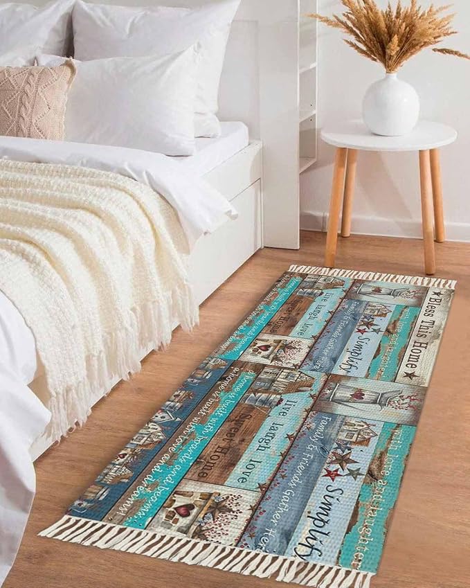 Turquoise Blue Brown Kitchen Hallway Runner Rug 2X5 Ft Carpet, Washable Woven Vintage Barn Rustic Cabin Throw Carpet with Tassel, Non-Shedding Country Star Farm Wooden Plank Entryway Laundry Rugs