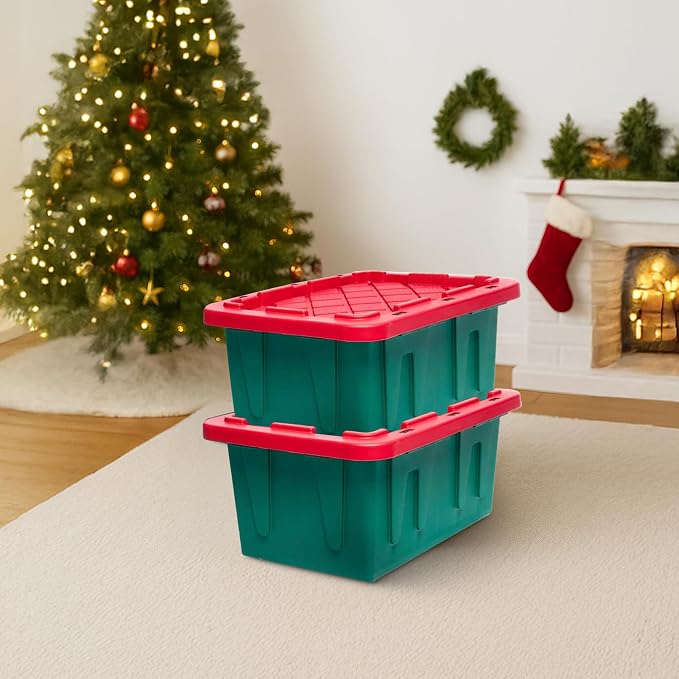 HOMZ Holiday Plastic Storage Container, 15 Gallon - Set of 2, Green and Red, 2 Sets | Heavy-Duty Large Stackable Container Seasonal Boxes for Home, Attic, and Garage Organization