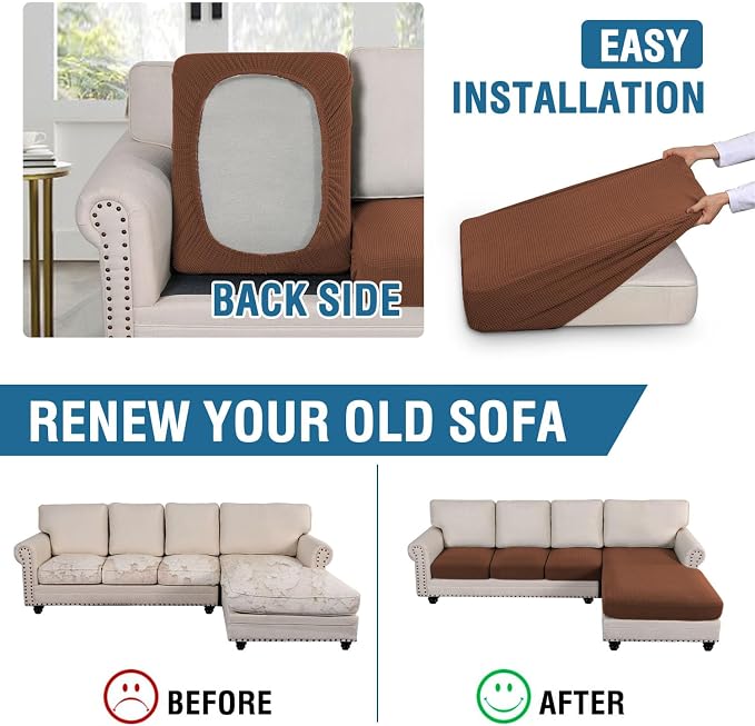 H.VERSAILTEX Sectional Couch Covers 4 Pieces Sofa Seat Cushion Covers L Shape Separate Cushion Couch Chaise Cover for Both Left/Right Sectional Couch (Seat Only: 1 Chaise + 3 Sofa, Caramel)