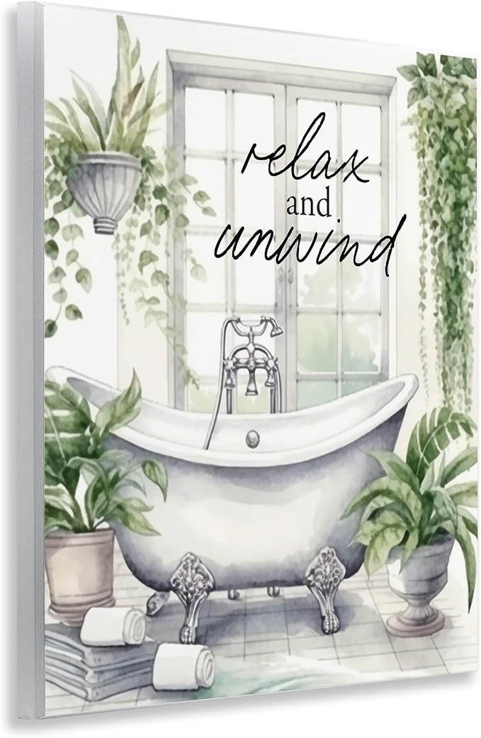 Relax Unwind Bath Foliage Bath, 11 x 14 Inch Mounted Print on Wall Plaque | Stupell Industries · By Lettered and Lined · Ready to hang · Hand finished · Printed in Johnston · Rhode Island · Made in USA