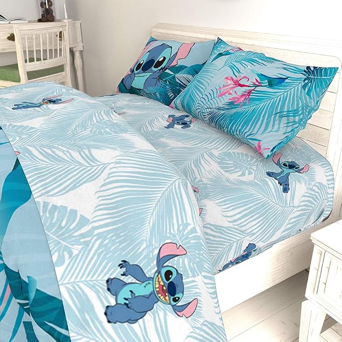 Jay Franco Kids Sheet Set with Fitted, Flat Sheets & Pillow Cover - Ultra-Soft Bedding with Pillowcase for Room Decor, Teal - Lilo & Stitch, 4 Piece Queen