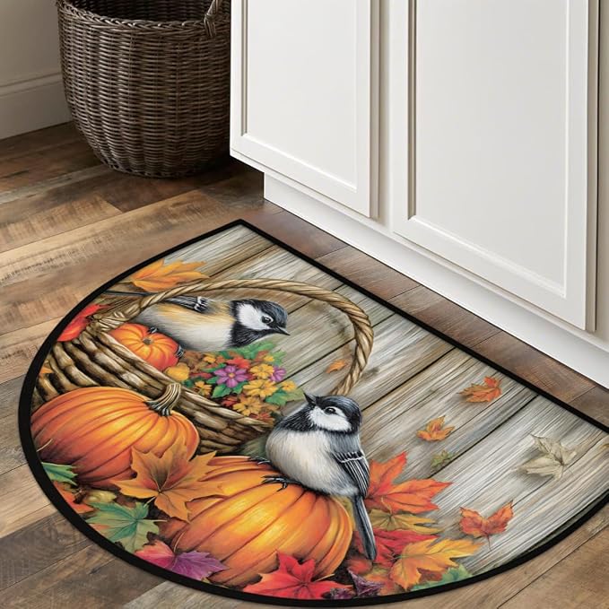 Pumpkin Bird Wood Maple Leaf Half Round Door Mat Non-Slip Soft Doormats for Home Indoor Outdoor Entrance Bath Carpet Area Rugs for Home Dining Living Room Bedroom 36" X 24"