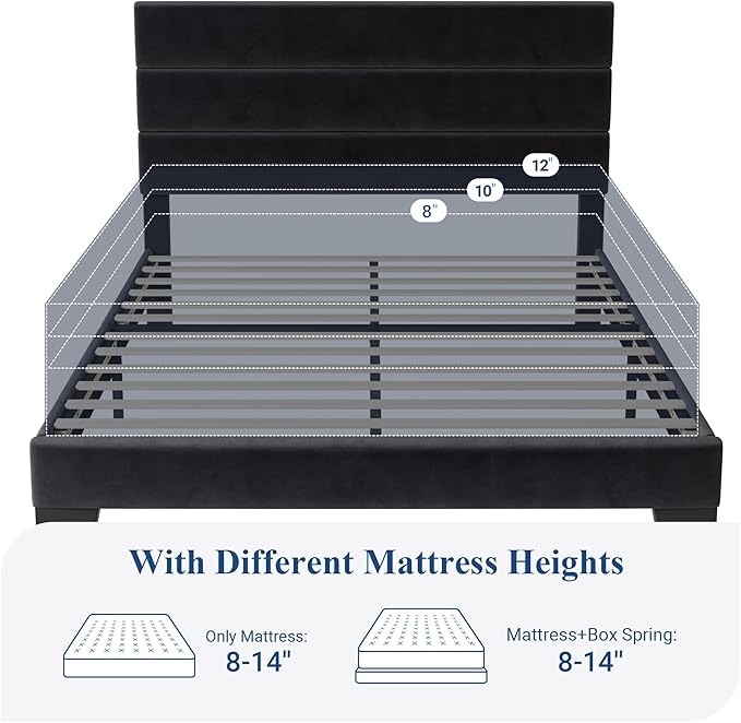 Allewie Full Size Platform Bed Frame with Velvet Upholstered Headboard | Wooden Slats Support, Fully Upholstered Mattress Foundation, No Box Spring Needed, Easy Assembly, Noise-Free, Black