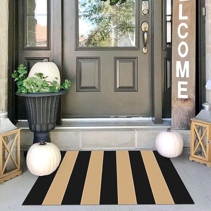 IOHOUZE Black Tan Striped Rug 24" x36" Front Door Mats Outdoor, Washable Rug for Front Porch Decor, Spring Summer Welcome Mats Outdoor Indoor, Doormat for Farmhouse/Entryway/Home Entrance