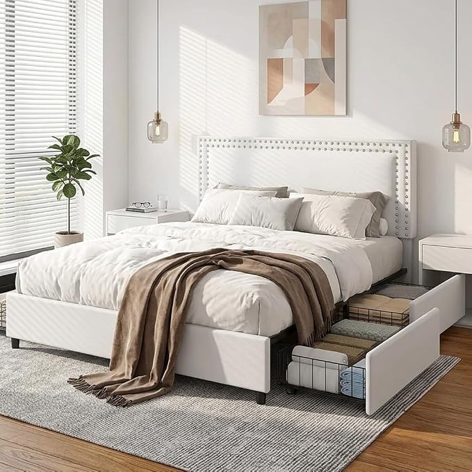 VECELO Queen Size Upholstered Bed Frame with 4 Storage Drawers, Adjustable Velvet Rivet Decor Headboard, Wooden Slats Platform Support, No Box Spring Needed, Easy Assembly,White