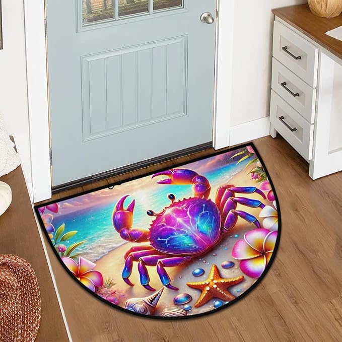 Summer Beach Crabs Half Round Door Mat Non-Slip Semi Circle Rug Washable Half Moon Floor Rug Absorbent Bathroom Area Rugs for Outdoor Indoor Fireplace Mat Entryway Kitchen Decor Rugs