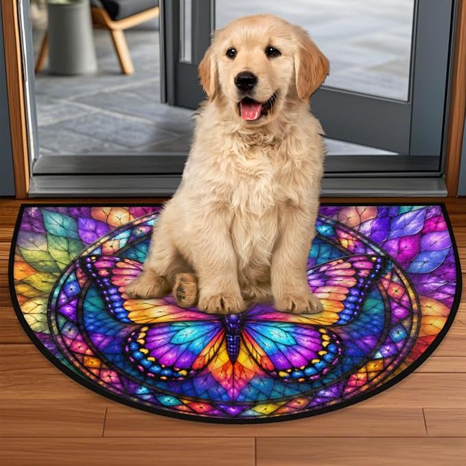 Butterfly Half Round Door Mat Welcome Entrance Mat Bath Bathroom Rug A8 | Butterfly Glass Painting Welcome Entrance Mat Anti-Slip Half Moon Bath Mat Semi Circle Rug Indoor Outdoor Kitchen Rug