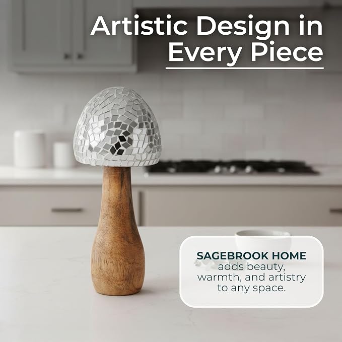 Mango Wood Mushroom Figurine Sculpture – Room Decor Accent for Shelf, Console, or Desk Placement, Boho Home Decor Mosaic Design Detail – 8", Silver and Natural Wood Finish