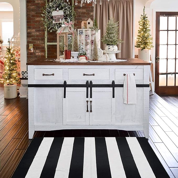 CAINANEL Black and White Striped Outdoor Rug 27.5X 43 inches Front Door Mat Hand-Woven Cotton Indoor/Outdoor for Layered Mats,Welcome Mat, Porch,Farmhouse,Kitchen,Entry Way