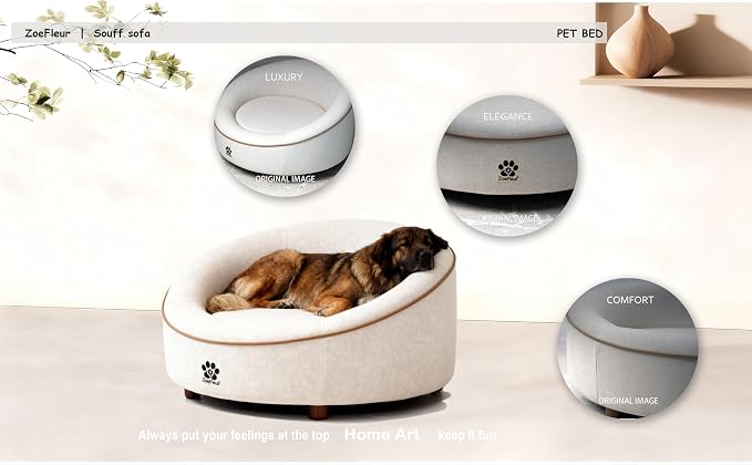 Human & Pet Shared Round Dog Bed, High Resilience Foam with Solid Pine Leg Frame, Indoor Pet Furniture(Cream Beige)