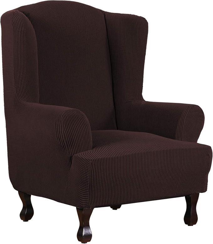 H.VERSAILTEX Wing Chair Slipcover Chair Covers for Wingback Chairs Wingback Chair Covers Slipcovers 1 Piece Stretch Sofa Cover Furniture Protector Soft Spandex Jacquard Checked Pattern, Chocolate