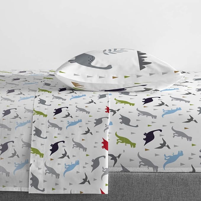 Trend Collector Dinosaur Toddler Comforter Set 4 Piece Bedding, Gray | Bed in a Bag, Comforter Sheets Pillowcase, Official Brand, Soft Microfiber, Machine Washable, Easy Care, Boys Gift