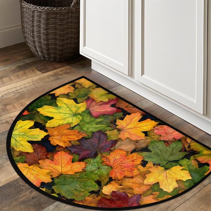 Autumn Fall Half Round Door Mat Welcome Entrance Mat Bath Bathroom Rug | Autumn Fall Maple Leaves Welcome Entrance Mat Anti-Slip Half Moon Bath Mat Semi Circle Rug Indoor Outdoor Kitchen Rug