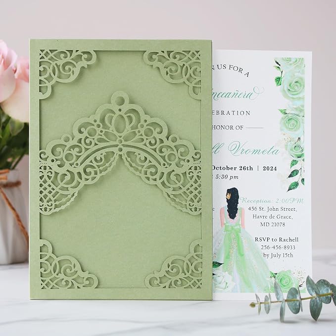 Hosmsua 50PCS Blank Sage Green Quinceanera Invitations with Envelopes, 5.1x7.3 Inch Laser Cut Floral Crown Pocket Invitation Cards for Quinceanera Birthday Quince Anos