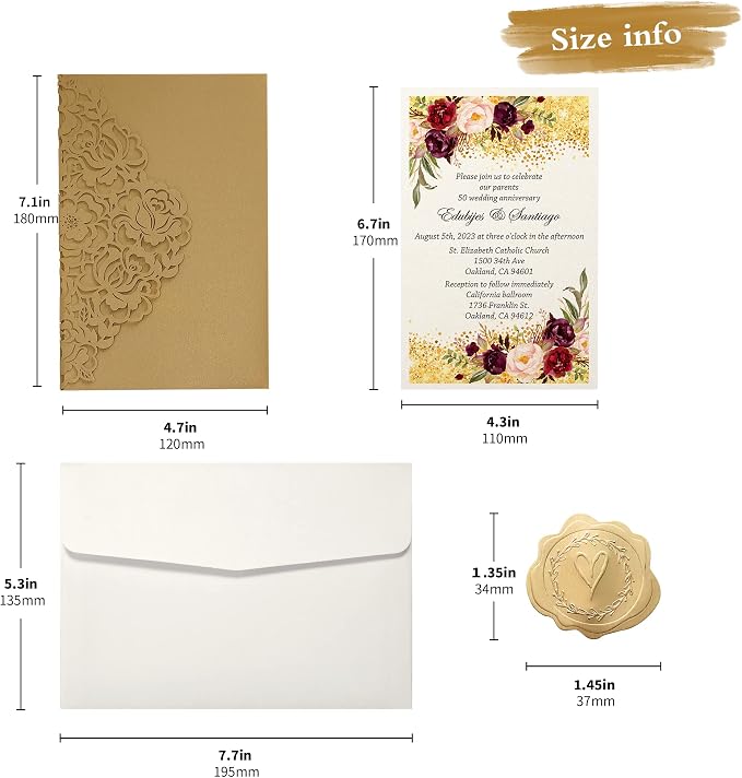 DORIS HOME 50Pcs Personalized Laser Cut Wedding Invitations, Gold | 4.7"x7.1", Customized Anniversary Invitations, With Envelopes