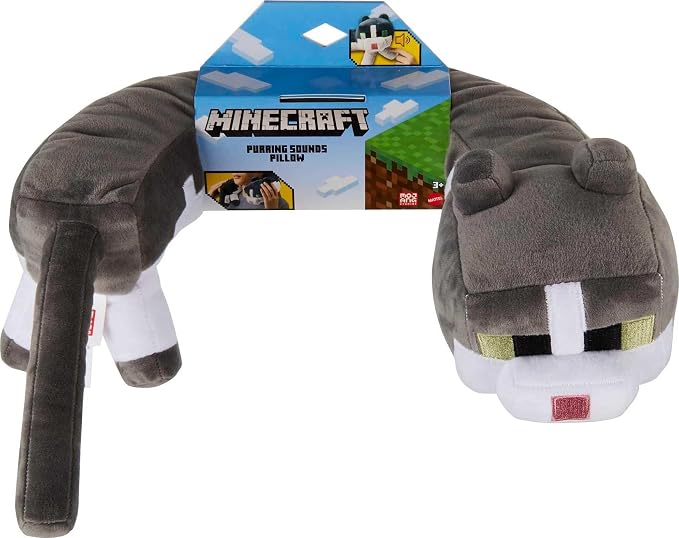 Mattel Minecraft Purring Sounds Neck Pillow, Cat Plush Toy | Cat Neck Pillow Plush that makes Purring Sounds, For Travel, Comfort & Play, For Kids & Collectors (Amazon Exclusive)