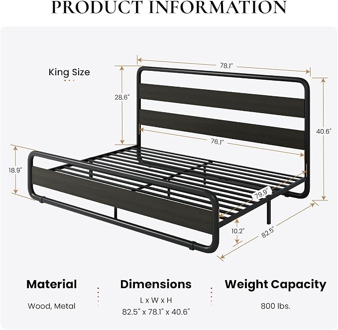 SHA CERLIN King Size Metal Bed Frame with Wooden Headboard and Footboard, Heavy Duty Platform Bed Frame with 10" Under-Bed Storage, Noise-Free, No Box Spring Needed, Black
