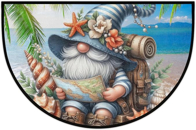 Half Round Door Mat Palm Trees Gnome Non Slip Half Moon Rug Indoor Entrance Washable Half Circle Area Rugs Semi Circle Bathroom Rugs Floor Carpet for Kithen Bedroom Fireplace Decor