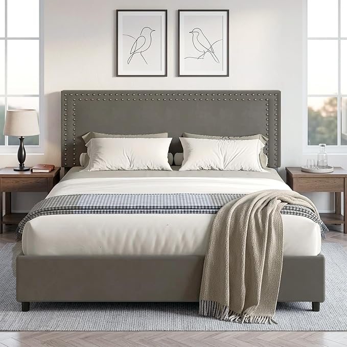 VECELO Queen Size Upholstered Bed Frame with 4 Storage Drawers, Adjustable Velvet Rivet Decor Headboard, Wooden Slats Platform Support, No Box Spring Needed, Easy Assembly,Dark Grey