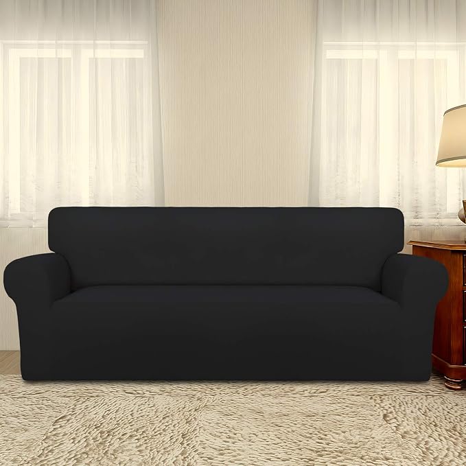 PureFit Stretch Oversized Couch Covers Fleece Sofa Slipcovers Black | 1-Piece Sofa Cover Washable Soft Couch Protector, Couch Slipcover with Non Skid Foam and Elastic Bottom for Kids, Dogs