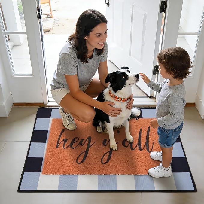 Hey Y’All Doormat, 2pcs Layered Front Door Mats with Coir Texture Welcome Doormat and Black White Striped Under Non Slip Mat, Farmhouse Porch Decor for Home Entry, Entryway Home Outdoor Decor