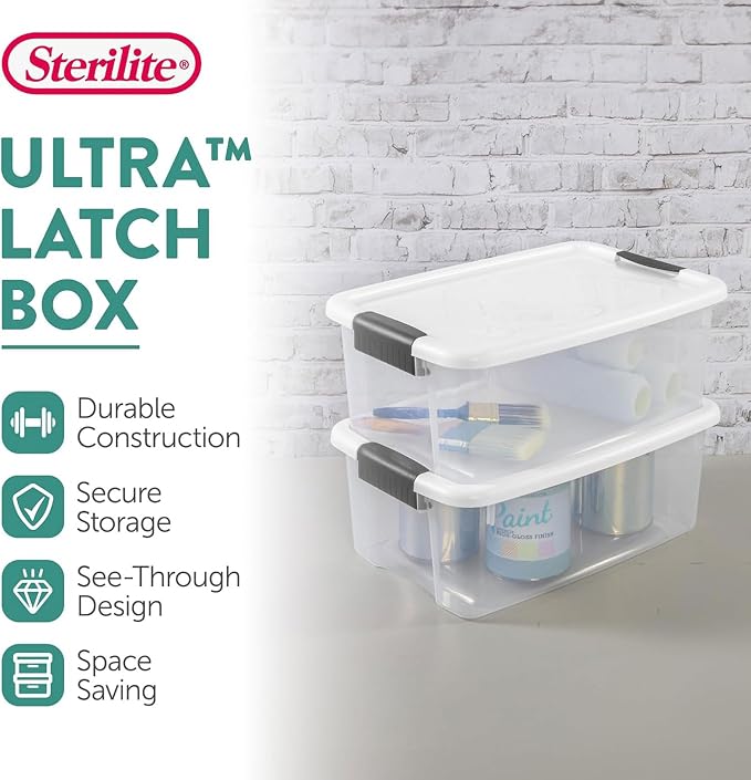 Sterilite Ultra Latch Box with Lids for Home and Office, 18 Quart, 18-Pack | Heavy-Duty and Stackable Plastic Containers with Latches for Closet, Cabinet, Bedroom, Bathroom and Dorm Room Organization
