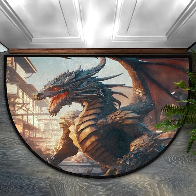 Dragon Half Round Doormat Non-Slip Semi Circle Rug Half Moon Mat | Retro Rustic Animal Washable Soft Absorbent Indoor Outdoor Entrance Kitchen Bathroom Sink Patio Welcome Fireplace Floor Rug