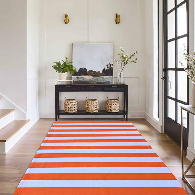 Bottalive Fall Decor Orange Striped Rug, 4' x 6' Cotton Reversible Foldable Washable Area Rug, Layering Rug for Hello/Welcome Door Mat, Washable Cotton Woven Farmhouse Mat for Front Porch