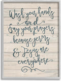 Stupell Industries 'Blue Script Germs and Jesus Cursive Planked Look Typography', Framed Giclee Art, Gray, 16 x 20 Inches, Easy to Hang and Sturdy, Made in USA, by Jo Moulton