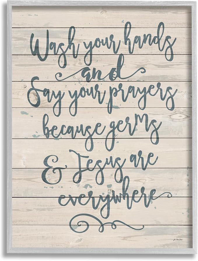 Stupell Industries 'Blue Script Germs and Jesus Cursive Planked Look Typography', Framed Giclee Art, Gray, 16 x 20 Inches, Easy to Hang and Sturdy, Made in USA, by Jo Moulton