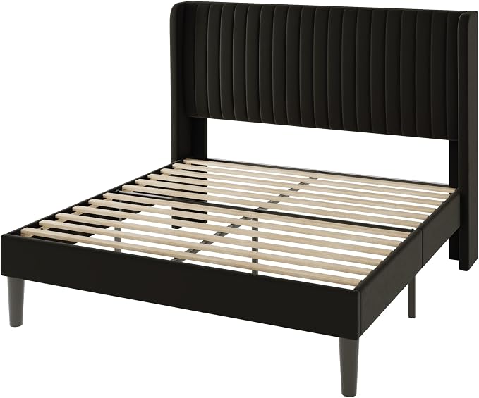 Allewie Full Size Velvet Bed Frame/Vertical Channel Tufted Wingback Headboard/Upholstered Platform Bed/Strong Wooden Slats/No Box Spring Needed/Easy Assembly/Black