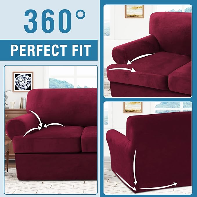 H.VERSAILTEX Sofa Cover 3 Piece T Cushion Loveseat Slipcovers Thick Velvet Couch Cover Furniture Protector Stretch T Cushion Sofa Covers for 2 Cushion Couch with 2 T Cushion Covers Washable, Burgundy